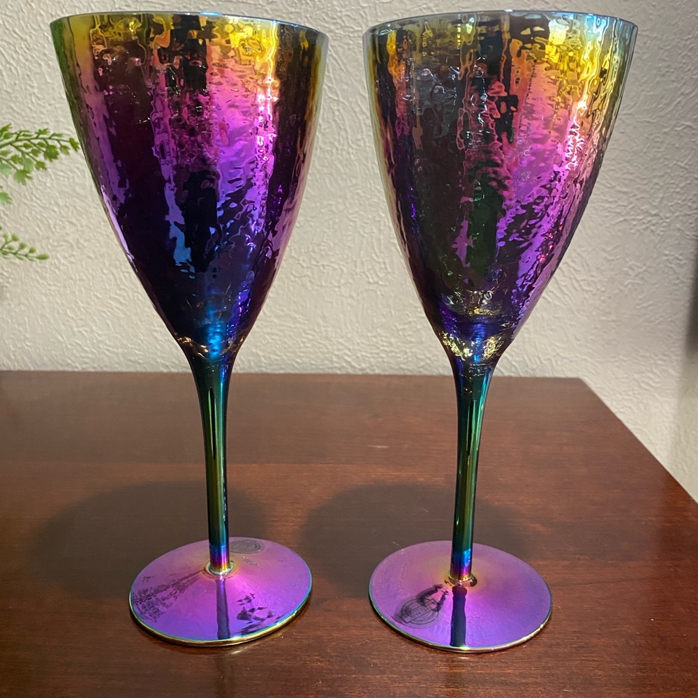 Set of 2, Multi Colored, handmade, iridescent Rainbow Wine Glasses